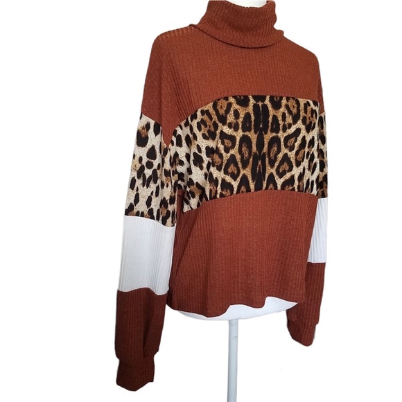 Rolled Neck Leopard Print Long Sleeve Panel Color Block Sweater Turtleneck - Picture 4 of 10